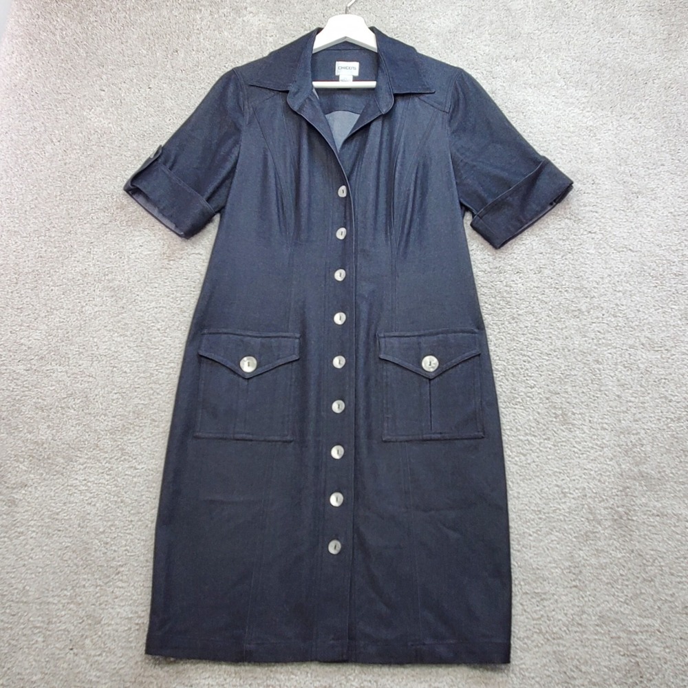 Chicos Shirt Dress Women 1 (M) Dark Gray Rayon Stretch Roll Tab Sleeve Lagenlook